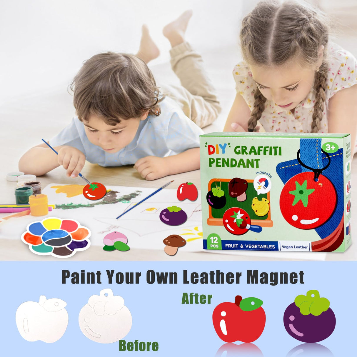 Magnetic Mini Tile Art-DIY Craft Kits for Kids,Fridge magnet painting kit for kids Ages 4-8,Soft Leather Fridge Magnets Craft Paint Set Fruit & Vegetables,Party Favors for Kids 8-12 DerzuanAscent
