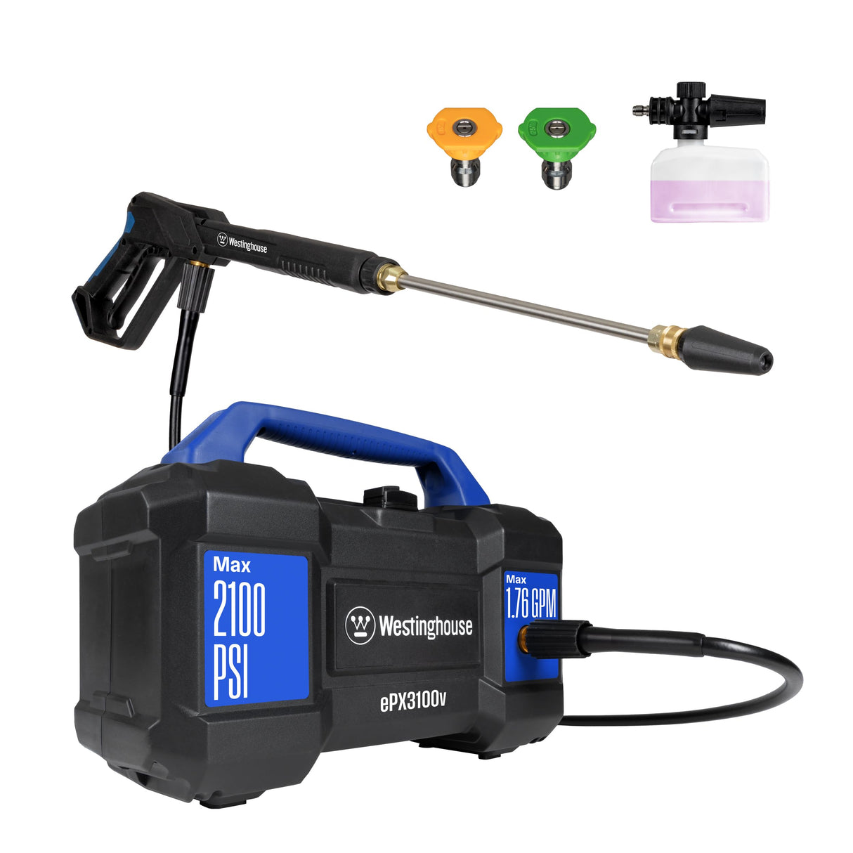 Westinghouse ePX3100v Electric Pressure Washer, 2100 Max PSI 1.76 Max GPM, Built-in Carry Handle, Detachable Foam Cannon, Pro-Style Steel Wand, 4-Nozzle Set, for Cars/Fences/Driveways/Home/Patios Westinghouse
