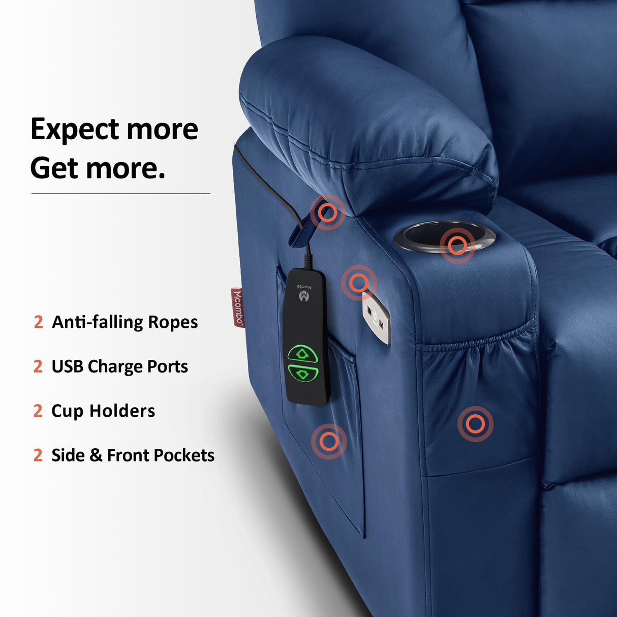 MCombo Large Power Lift Recliner Chair Sofa with Massage and Heat for Big and Tall Elderly People, 3 Positions, Cup Holders, and USB Ports, Faux Leather 7539 (Large, Navy Blue) MCombo