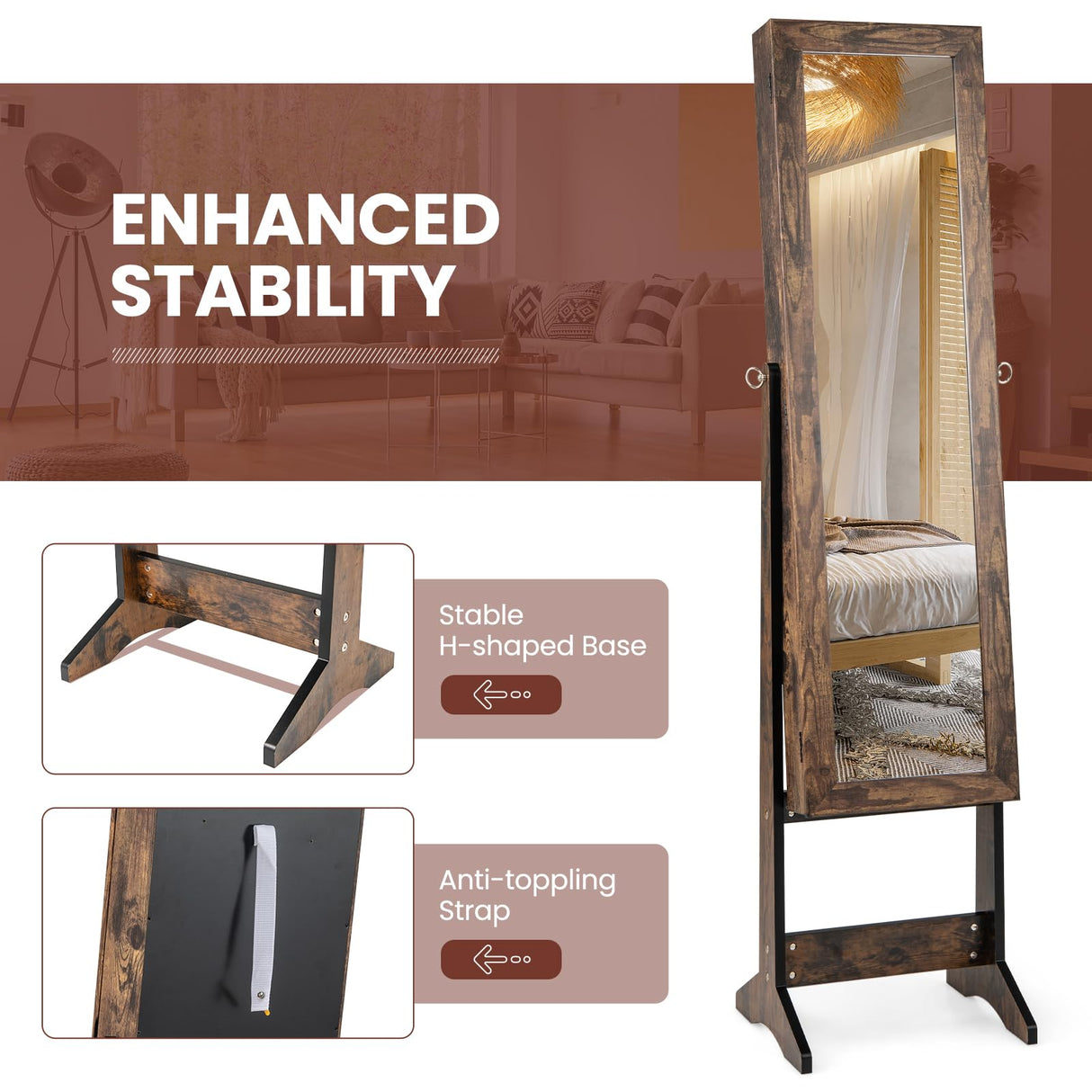 Giantex Jewelry Cabinet with Full-Length Mirror, Standing Jewelry Armoire Organizer with 64 Earring Slots, 20 Necklace Hooks, 72 Ring Slots, 4 Storage Shelves, 3 Angle Adjustable, Rustic Brown Giantex