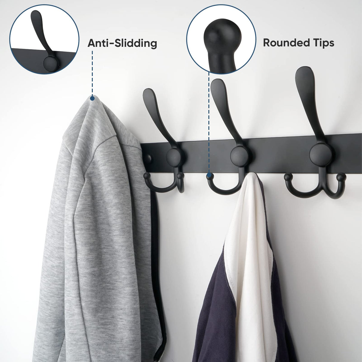 TICONN Wall Mounted Coat Rack, Five Heavy Duty Tri Hooks All Metal Construction for Jacket Coat Hat in Mudroom Entryway (Matte Black, 2-Pack) TICONN
