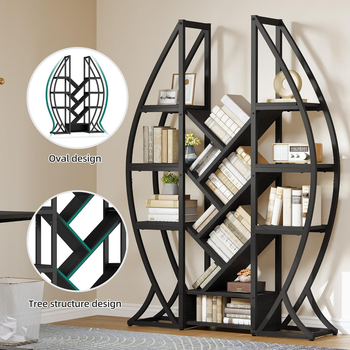DWVO Oval Bookshelf, Triple Wide 5 Tier Etagere Bookcase, Industrial Display Shelves for Living Room, Bedroom, Home Office, Black DWVO