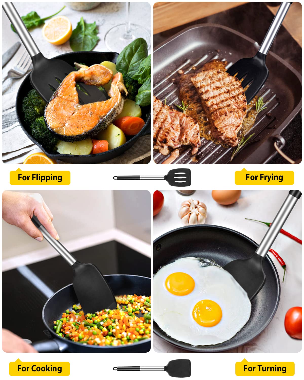 Pack of 2 Silicone Solid Turner, Non Stick Slotted Kitchen Spatulas, High Heat Resistant BPA Free Cooking Utensils, Ideal Cookware for Fish, Eggs, Pancakes(Black) BUNDLEPRO