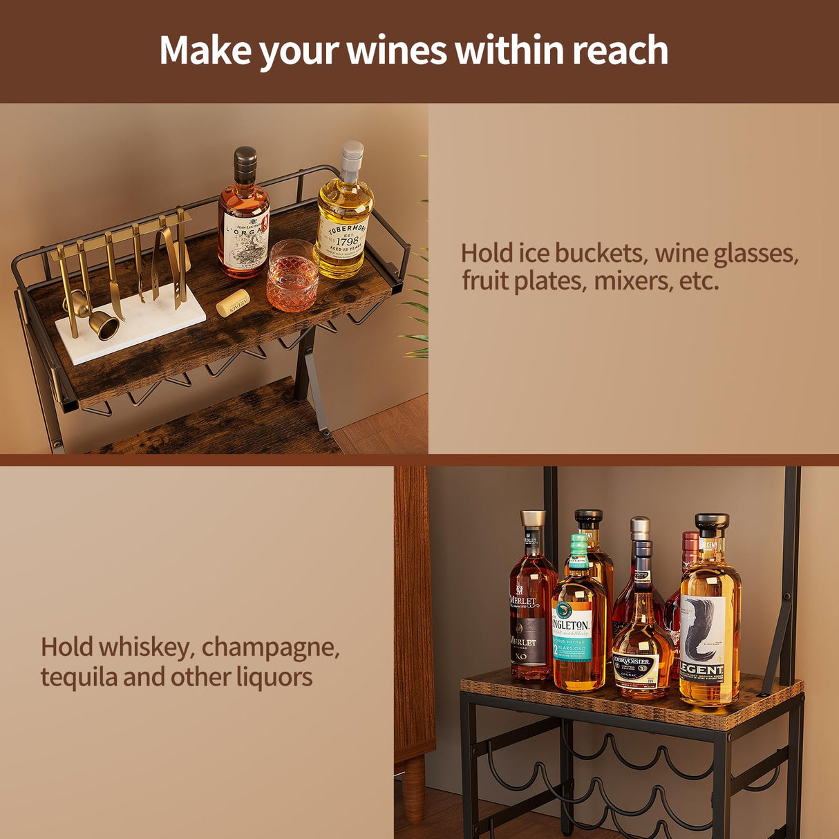 Nuovoware 3-Tier Liquor Cabinet with Wine Rack, Freestanding Liquor Stand with 8-Bottle for Mini Bar, Versatile Wine Rack Freestanding Floor with Tabletop and 8 Glass Holders, Black+Retro Brown Nuovoware