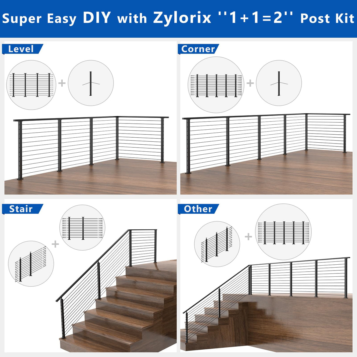 Zylorix 42" 2ft-8ft T304 Stainless Steel Cable Railing Post Kit(Flexible DIY 1+1) - 2Pack 33° Drilled Posts, Sufficient 118ft 1/8" Cable, Terminals, and Grommets with Cutter(No Handrail) for Decks Zylorix