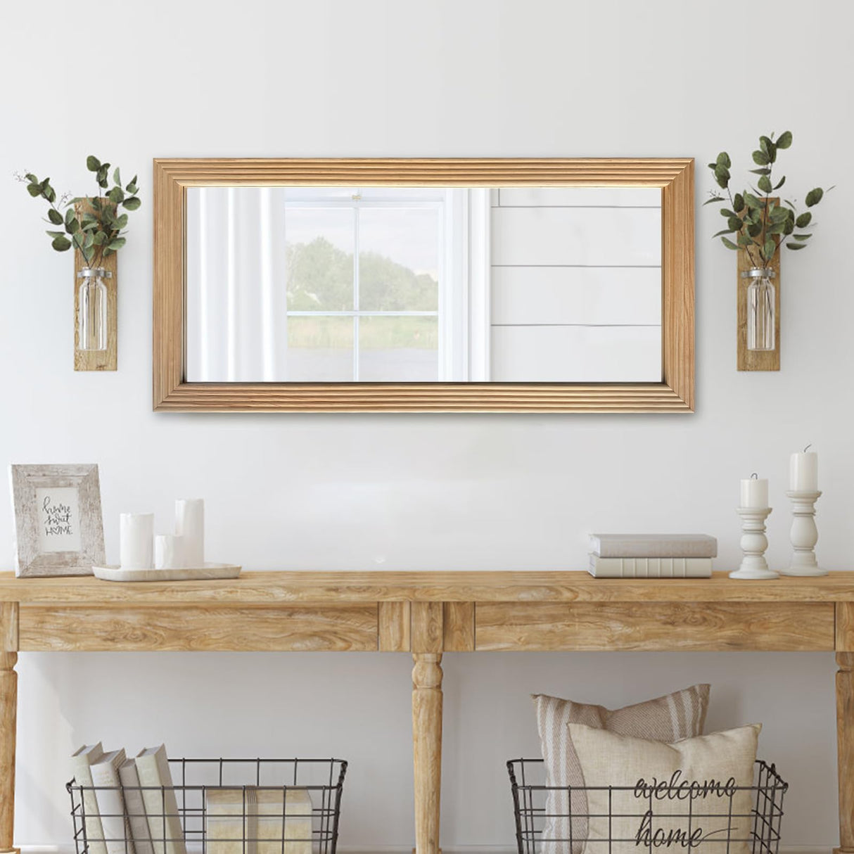 DAOYIJIAJU Large Wooden Framed Wall Mirror, Rustic Natural Wood Hanging Mirror, Farmhouse Wall Mirror for Bathroom Vanity Bedroom Living Room, Vertical or Horizontal Hanging, 47" x 22" DAOYIJIAJU