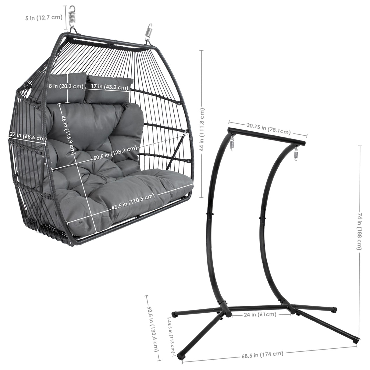 Sunnydaze Andrei Double Hanging Egg Chair with Stand - 2-Person Outdoor Egg Chair - Includes Steel Stand and Cushion - Dark Gray Sunnydaze