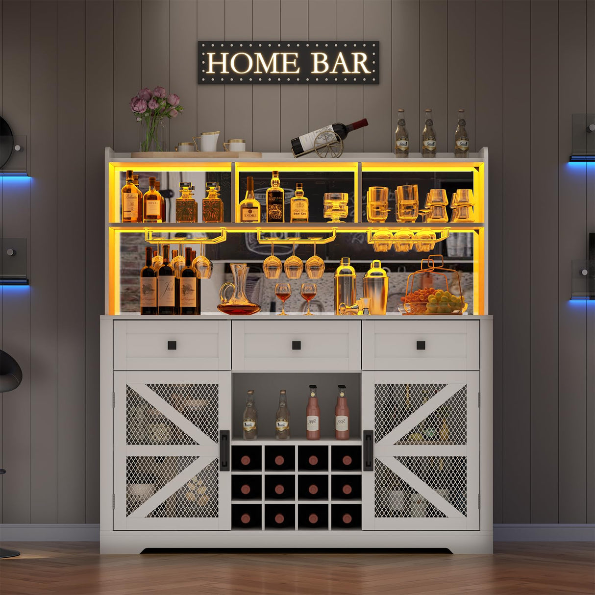 Gyfimoie Farmhouse Wine Bar Cabinet with LED Lights, Kitchen Coffee Bar Cabinet with Acrylic Mirror, Wine & Glass Rack, Storage Shelves and 3 Drawers (2-Tier Hutch) Gyfimoie