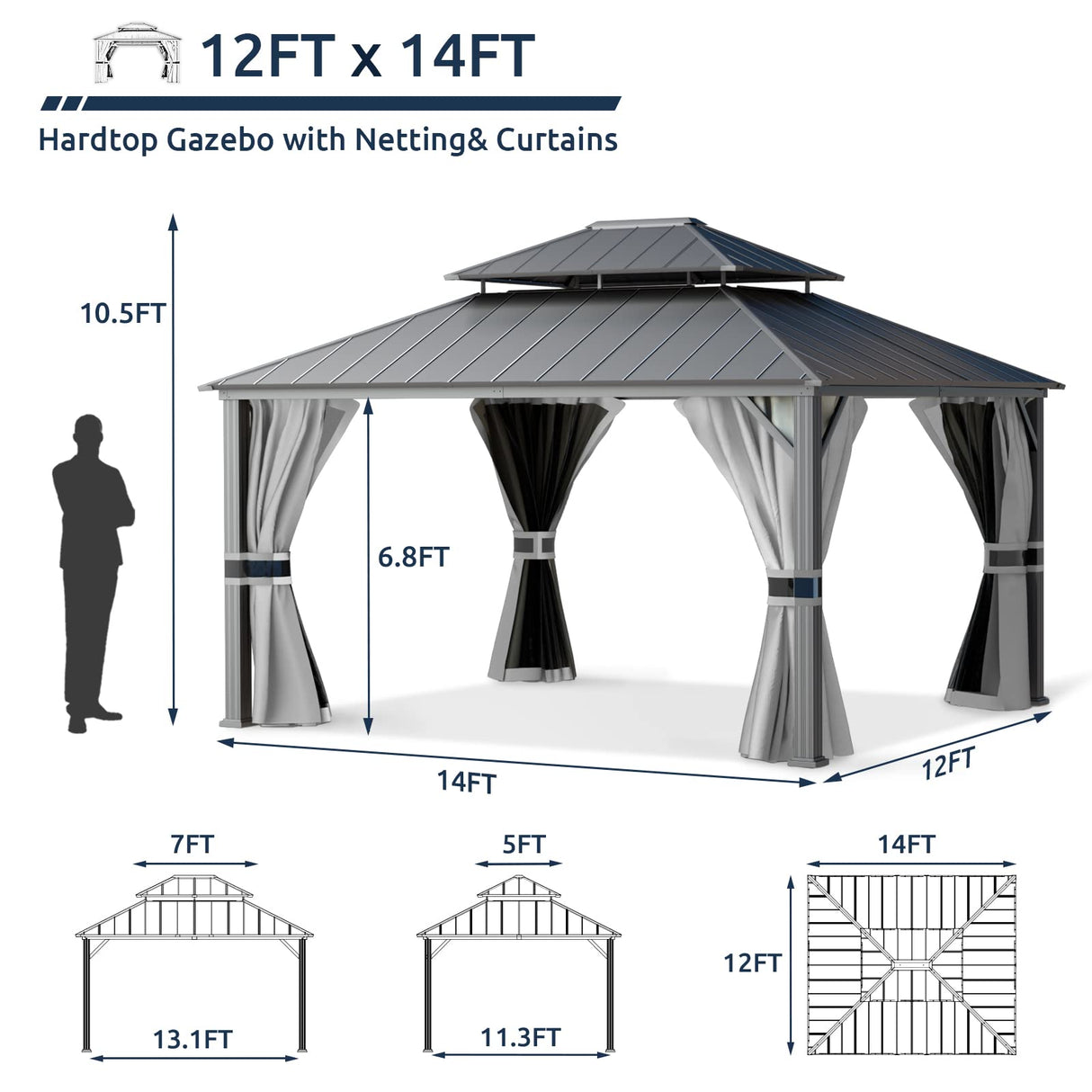 UDPATIO 12' x 14' Hardtop Gazebo, Galvanized Steel Double Roof Permanent Aluminum Gazebo, Outdoor Metal Pergolas with Mosquito Netting and Curtains for Garden, Parties, Patio, Deck, Lawns, Grey UDPATIO