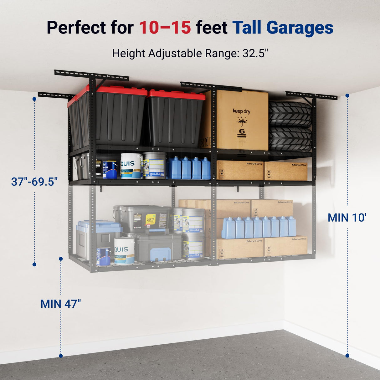 FLEXIMOUNTS 4x8 2-Tier Overhead Garage Storage Rack – Adjustable Heavy Duty Metal Garage Ceiling Storage Racks, 1000 lbs Capacity – Garages Organization System for 10–15 ft Tall Garages, Black FLEXIMOUNTS