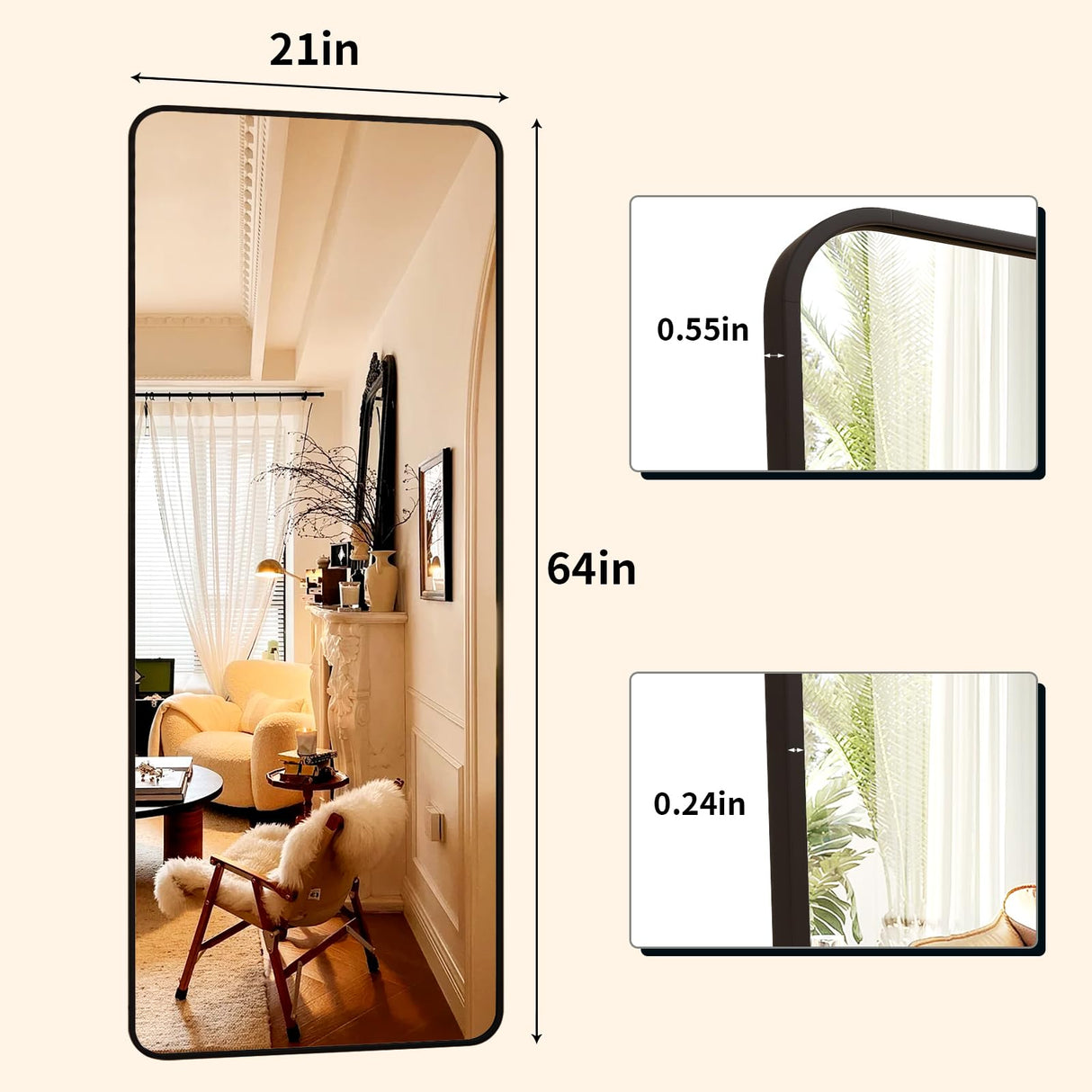 XRAMFY 64"x21" Black Floor Full Length Mirror Standing Full Body Rounded Corner Rectangle Mirrors with Stand Hanging Wall Mounted Leaning Bedroom Living Room Bedroom Cloakroom,Mirror Full Length XRAMFY