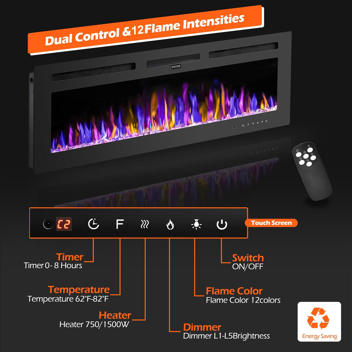 Takywep 60" Electric Fireplace Wall Mounted and Recessed with Remote Control, 750/1500W Ultra-Thin Wall Fireplace Heater W/Timer Adjustable Flame Color and Brightness, Log Set & Crystal Options Takywep