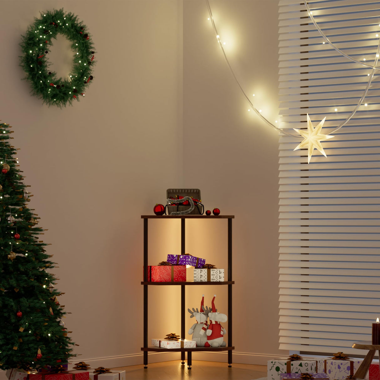 QLSPTFTS 3 Tier Corner Shelf with LED Light,Bookcase for Small Spaces,Display Shelf,Narrow Bookshelf,Plant Stand,Rustic Brown and Black,Suitable for Bedroom,Living Room,Kitchen QLSPTFTS