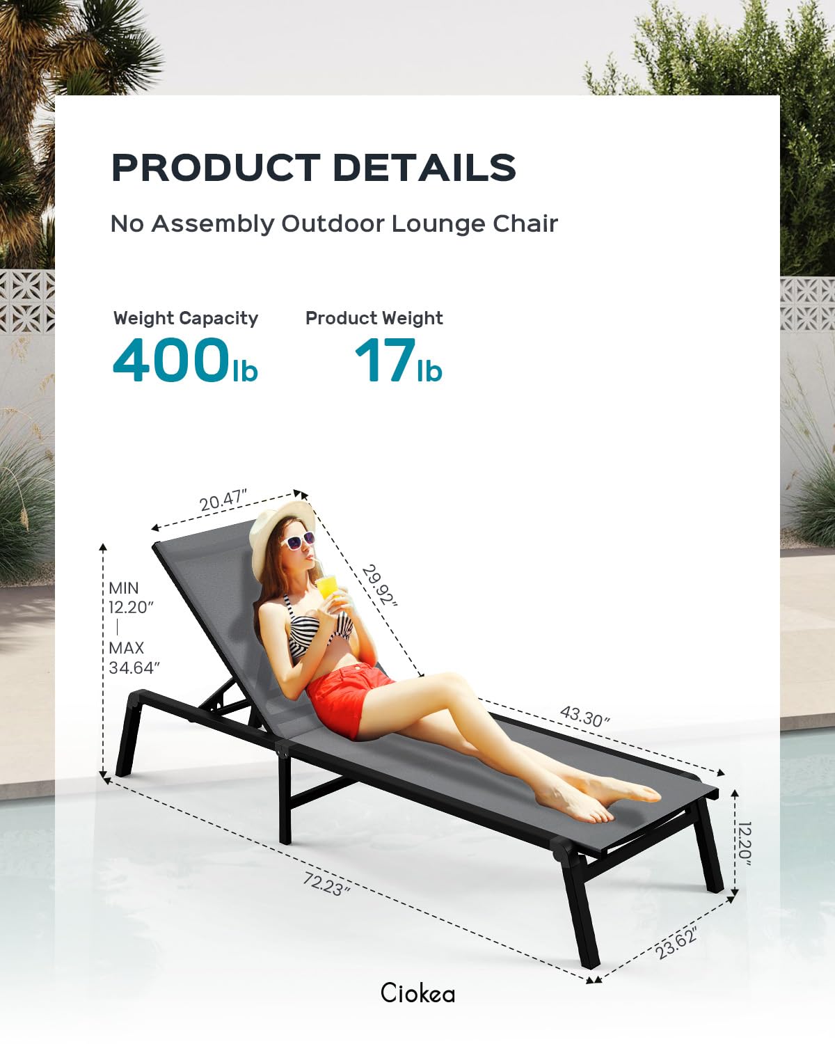 Aluminum Chaise Lounge Ourdoor - Foldable & Assemble Free Outdoor Lounge Chair with 5 Adjustable Backrest, Patio Lounge Chair for Outside Poolside Beach Pool, Grey Ciokea