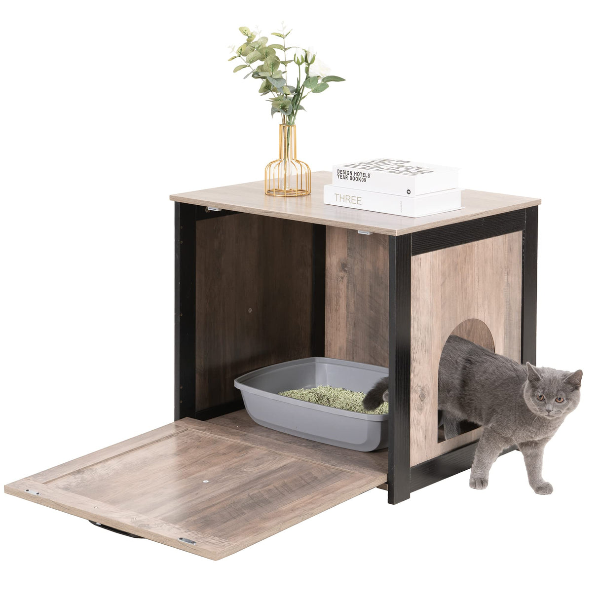 DWANTON Cat Litter Box Furniture Hidden, Cat Litter Box Enclosure, Reversible Entrance Can Be on Left or Right Side, Indoor Cat Box Cabinet, Wooden Cat Washroom, End Table, Nightstand Dwanton