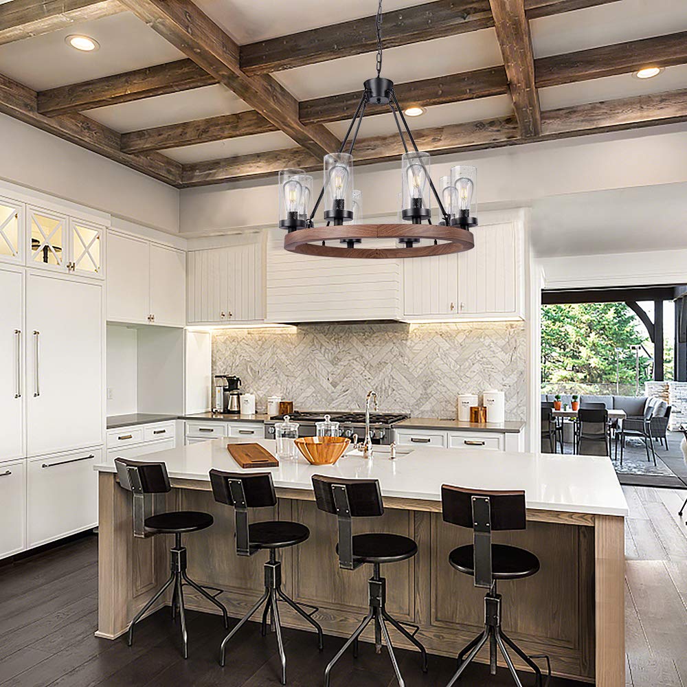 Wellmet 8-Light Farmhouse Chandeliers for Dining Room, 30 inch Rustic Wagon Wheel Chandelier with Seeded Glass Shade, Antique Vintage Round Wood-Painted Hanging Lighting Kitchen Island Living Room Wellmet