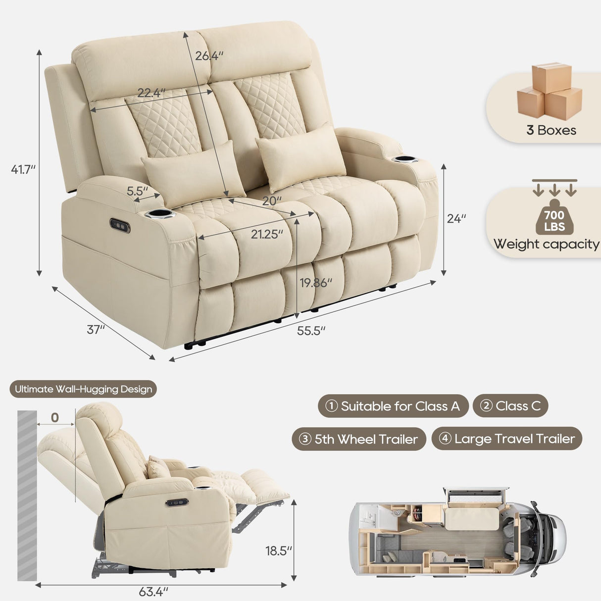 CALIVIA Wall Hugger Power Reclining Loveseat with Manual Adjustable Headrests, Electric Recliner Sofa with USB/Type-C Ports, Cup Holders – Perfect for RV and Small Spaces (Beige) CALIVIA