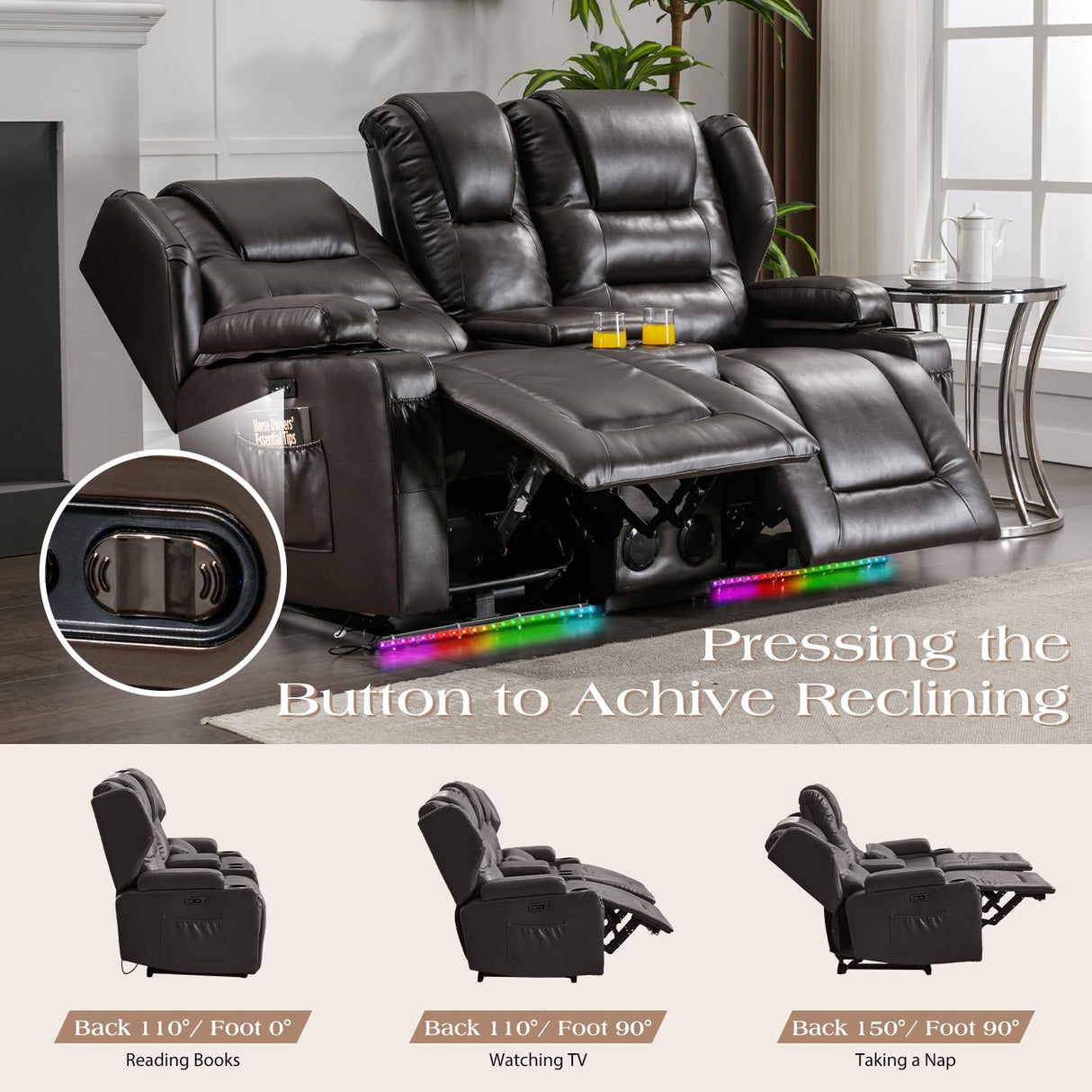 Oprisen 2-Seater Power Loveseat Recliner Electric Reclining Sofa Couch Wall Hugger Recliner Home Theater Seating w/Multi-Function Console/Cup Holders/LED Ambient Light Oprisen