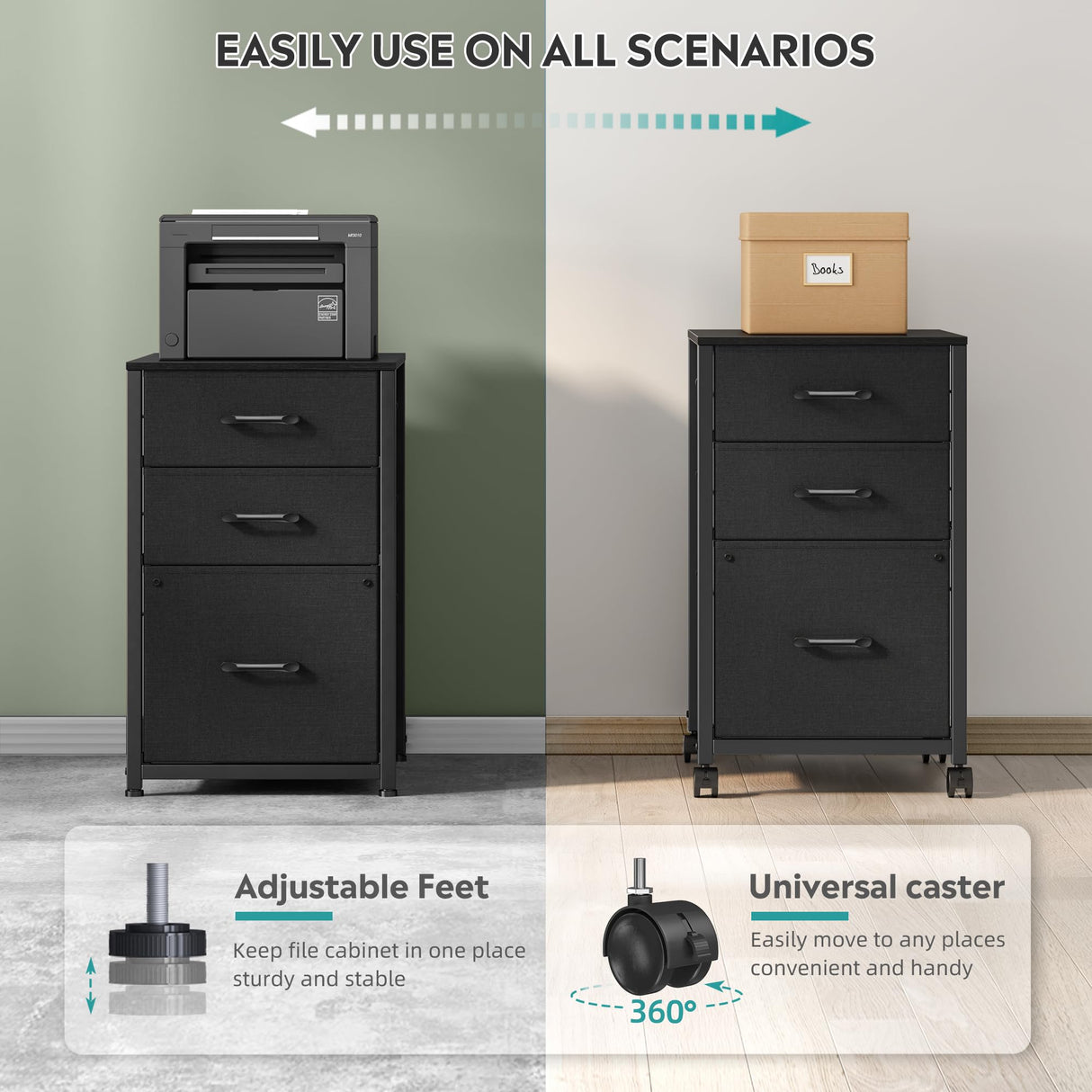 Raybee 3 Drawer File Cabinet Printer Stand Filing Cabinet Rolling File Cabinets for Home Office Fabric Vertical Office Storage Cabinet Fits A4, Legal, Letter Size, 16.9" D*15.6" W*26.6" H, Black Raybee