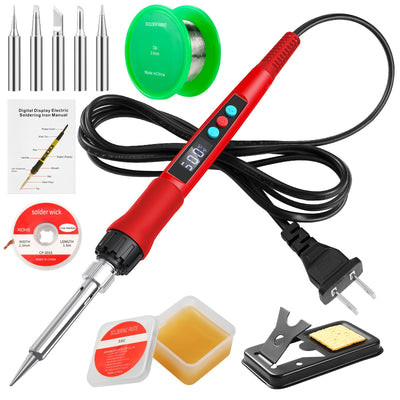 Soldering Iron Kit, 100W LED Digital Solder Gun kits with Ceramic Heater, Adjustable Temperature Welding Tools with Tips, Wick Braid, Stand, Solders Wire, Sponge, Flux Paste, Red