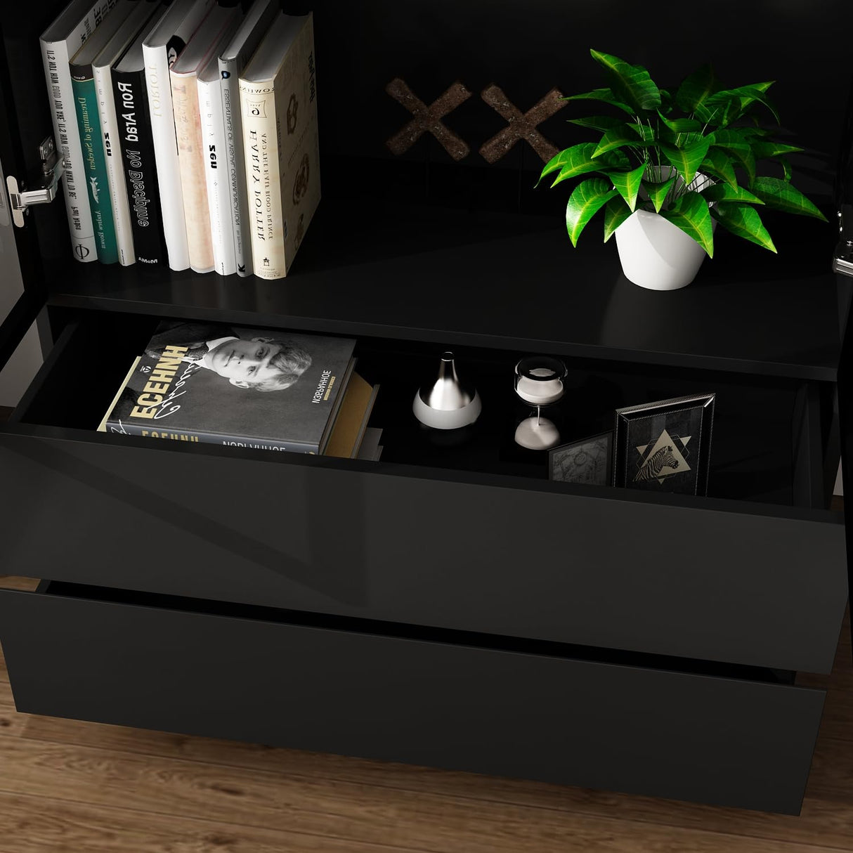 FUNISIR Curio Display Cabinet with Light, Storage Shelves with Pop-up Glass Doors, 2 Drawers & 3 Color Light, Collectibles Cabinet Display Shelf, Bookshelf Showcase for Living Room, Black w/Drawer FUNISIR