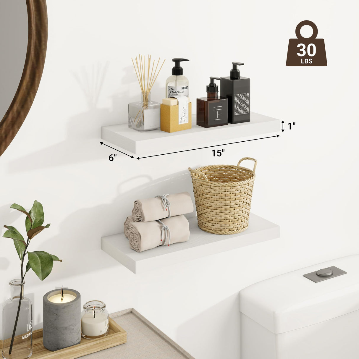Venusmiles Floating Shelves for Wall, Wall Mounted Shelves with Invisible Brackets, 3 Small Wood Floating Wall Shelf Shelves for Living Room, Bedroom, Kitchen, Bathroom (White, 15" W x 6" D x 1" H) Venusmiles