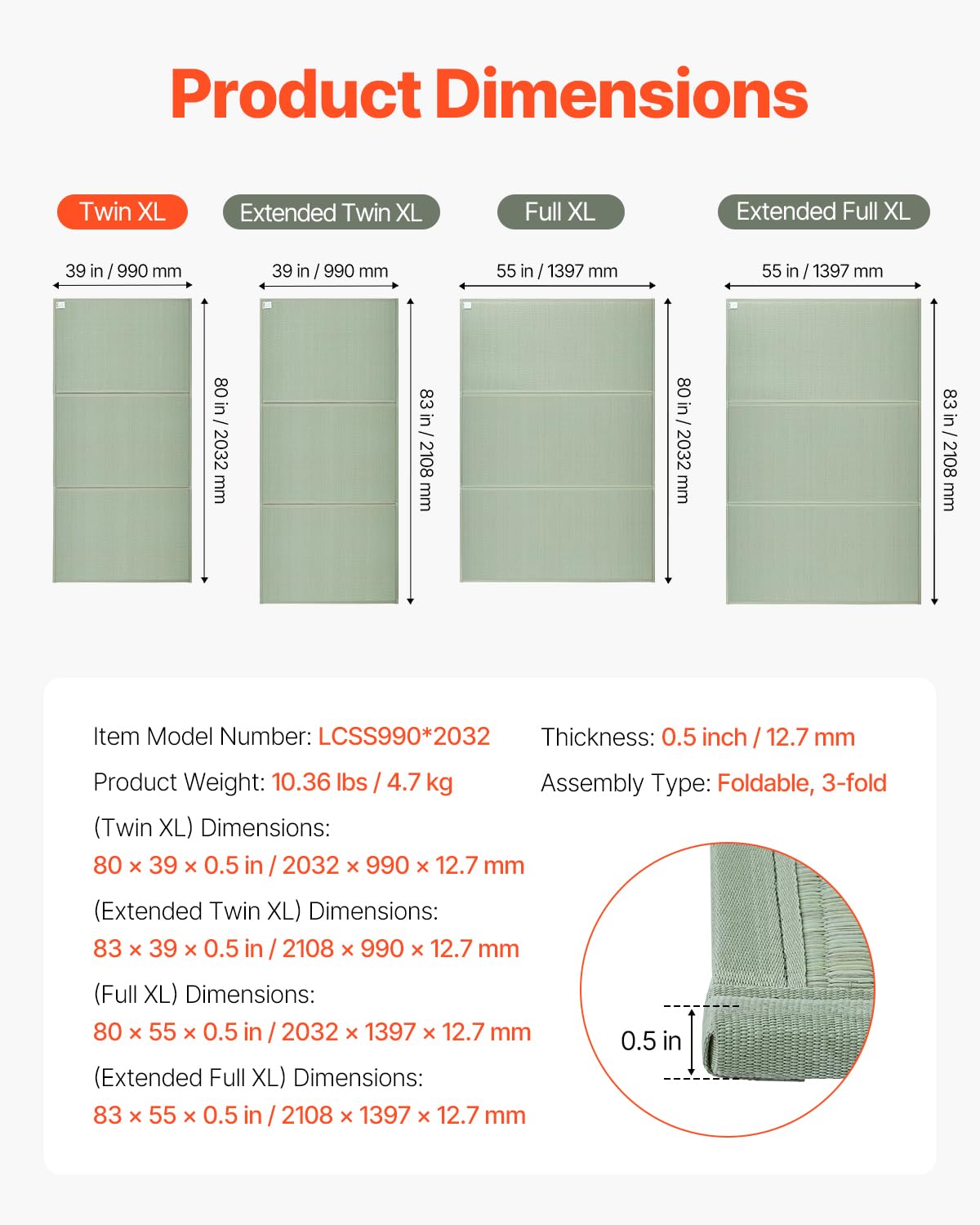 VEVOR Japanese Tatami Mat, Twin XL - 39'' x 80'' Foldable Tatami Mattress, 100% Natural Rush Grass, Japanese Floor Mattress with Non-Slip Backing & Fresh Scent, Tatami for Sleeping, Meditation, Yoga VEVOR