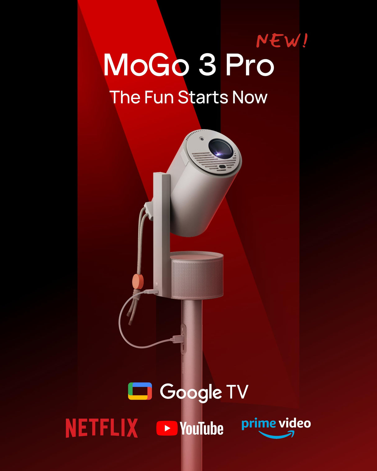 XGIMI MoGo 3 Pro 2024 NEW Outdoor Projector with PowerBase Stand, 2.5hrs Battery, Google TV with Licensed Netflix, Build-in Adjustable Stand, 450 ISO Lumens, ISA 2.0, 2 x 5W Harman Kardon XGIMI