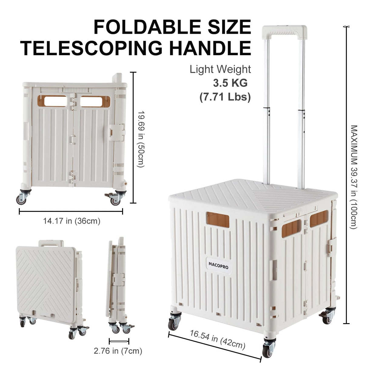 Foldable Utility Cart Folding Portable Rolling Crate Handcart with Durable Heavy Duty Plastic Telescoping Handle Collapsible 4 Rotate Wheels for Travel,Shopping, Luggage, Office, Teacher(White) MACOPRO