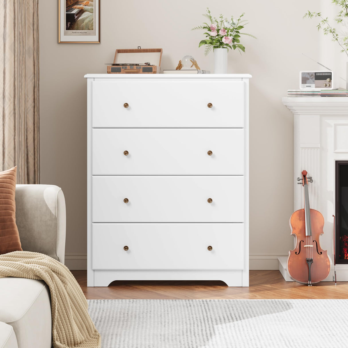 HOUSUIT White Dresser, 4 Drawer Dressers Chest of Drawers, Modern Tall Dresser, Wood Drawer Chest Storage Cabinet for Living Room, Hallway, Entryway, Home Office, Ivory White HOUSUIT