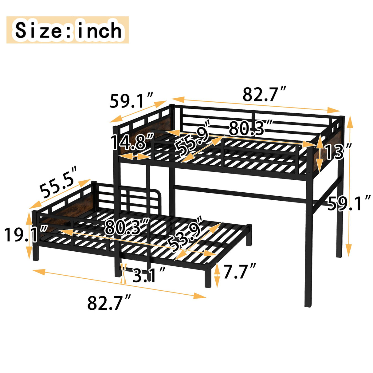 Full XL Over Full XL Bunk Bed with Headboard and Full Length Guardrail, Separable Bunk Bed, Heavy Duty Bunk Beds Can Turns Into Loft Bed and Platform Bed, Black Bellemave