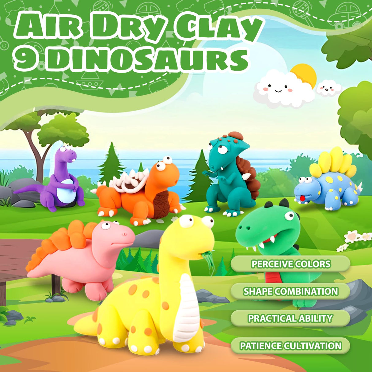 Air Dry Clay Kits: 9 DIY Creature Crafts for Kids 3+ | Child-Safe Modeling with Guides | Creative Gift for Birthdays & Holidays (Dinosaur Clay Kit) LITTCO
