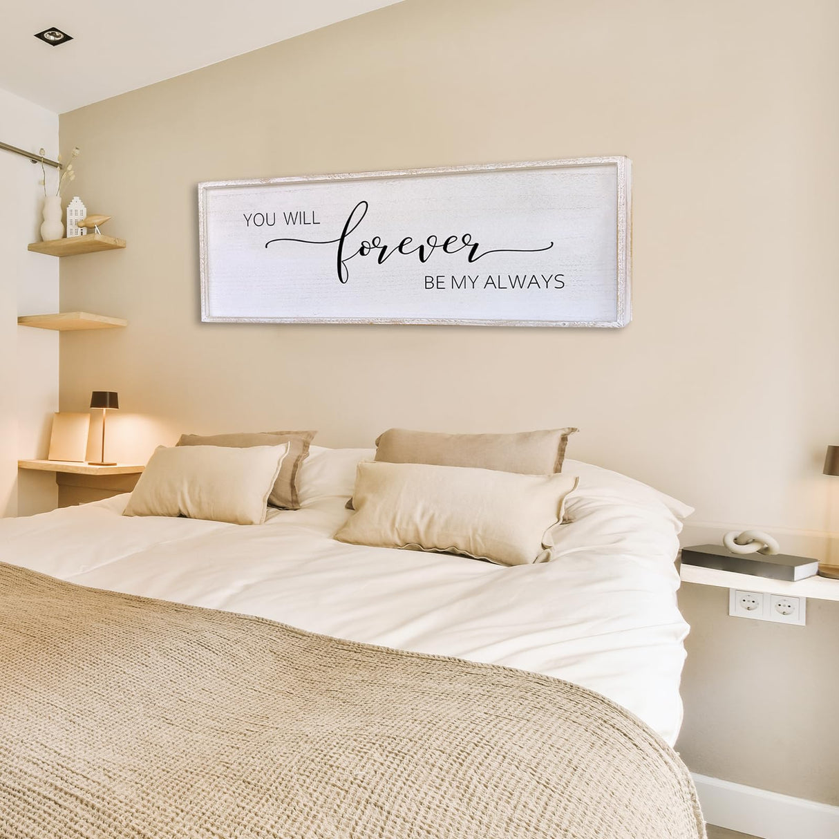 You Will Forever Be My Always Sign Wall Decor 32”X12” Bedroom Above Bed Farmhouse Large Master Room Soild Wooden Framed Home Rustic Guest Room Minimalist Over Bed Hanging Art Wall (White) Surfapans