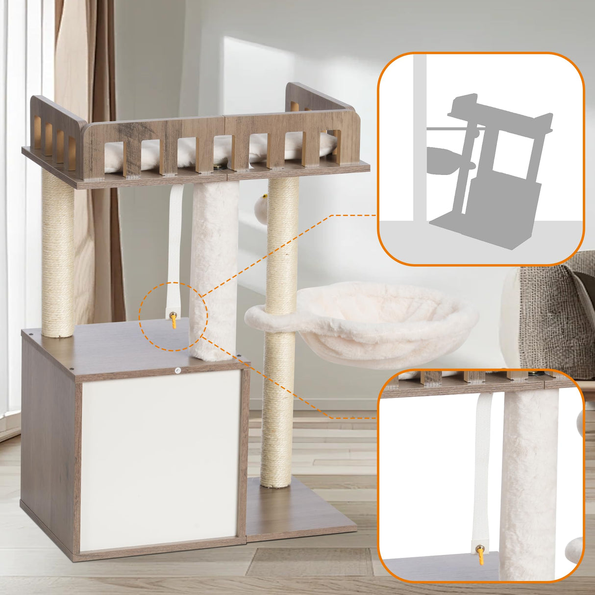 Heybly Modern Cat Tree, Wooden Cat Tower with 3 Scratching Posts, Cat Condo for Indoor Cats with Wood Cat Cave, Plush Perch, Basket, Pompom, Rustic Gray HCT007SSG Heybly