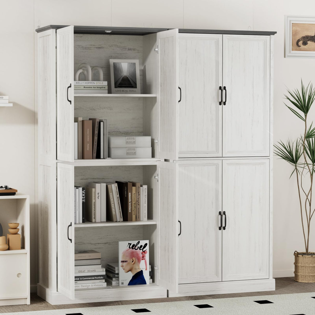 Tradare 71'' Tall Pantry Cabinet, Farmhouse Kitchen Pantry Storage Cabinet with Barn Door and Adjustable Shelves, Rustic White Wood Freestanding Cupboard for Kitchen, Dining Room Tradare