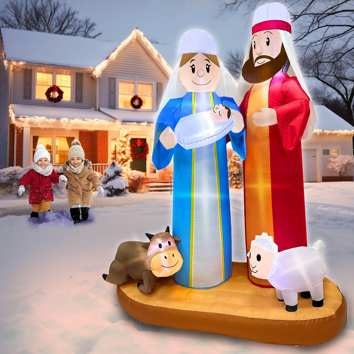 7 Ft Tall 5.7 Ft Long Christmas Inflatables Nativity Scene Outdoor Decorations, Christmas Blow Up Jesus Manger Set with Build-in LED Lights for Xmas Parties Yard Garden Decor TURNMEON