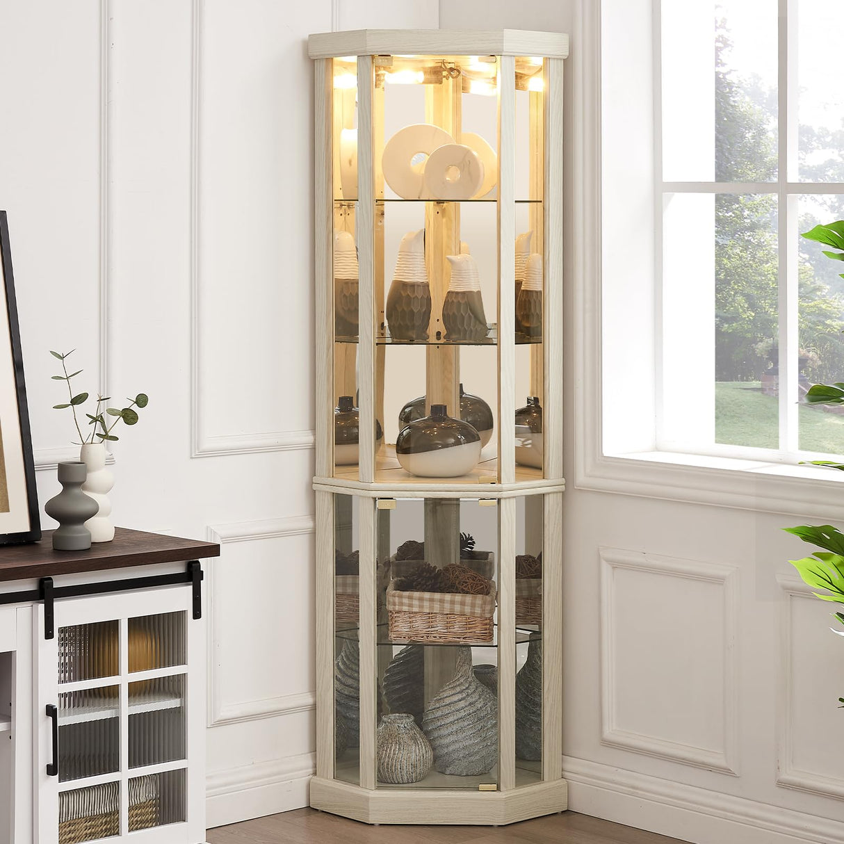 YSJZYBF Lighted Corner Curio Cabinet,Corner Display Cabinet Corner Storage Cabinet with Tempered Glass Doors Mirrored Back Panel Adjustable Shelves,16.46" L X 16.46" W X 69.84" H(Antique White) YSJZYBF
