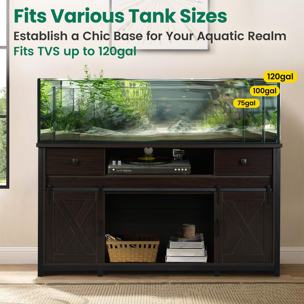Fantico 75-120 Gallon Aquarium Stand with Power Outlets - Dual Aquarium Support, Cabinet Storage, Thick Hardwood Top, Versatile Socket with Adjustable Panels, 1200 lbs Capacity, Dark Brown Fantico