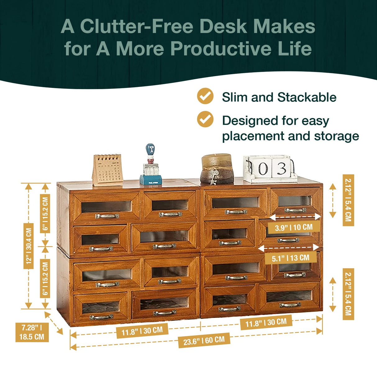 Set of 4 Store and Display Wooden Desktop Organizing Cabinets - Mahogany Wood Display Chest with 4 See-through Drawers Each - 16-Drawer Storage for Work Table, Vanity, Dresser or Kitchen Counter Woodaholic