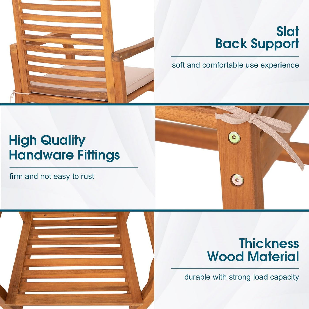 MFSTUDIO Acacia Wood Patio Dining Chairs Set of 4, All Weather Extra Large Outdoor Dining Chairs, 4 Pieces Slat Back Teak Finished Patio Chairs with Soft Removable Cushion for Garden, Backyard(4 Pcs) MFSTUDIO