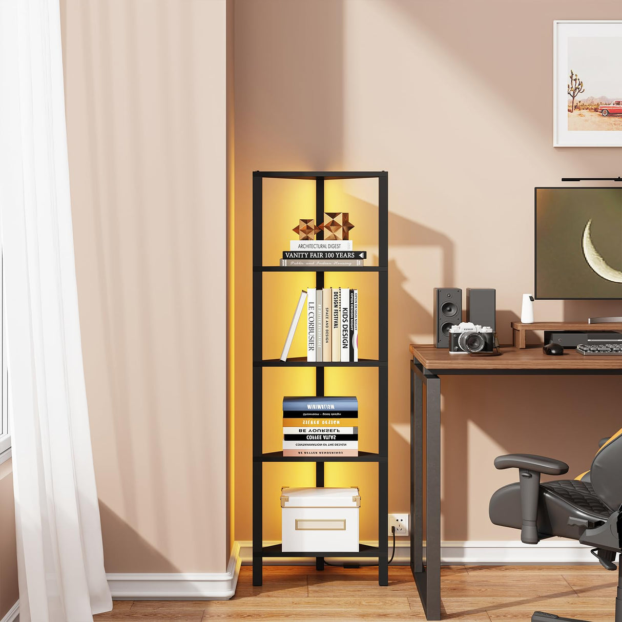 TUTOTAK Corner Shelf with LED Light, 5-Tier Corner Bookshelf for Small Space, Narrow Display Corner Shelf Stand with Storage Rack, for Living Room, Bedroom, Black BS05BK005L TUTOTAK