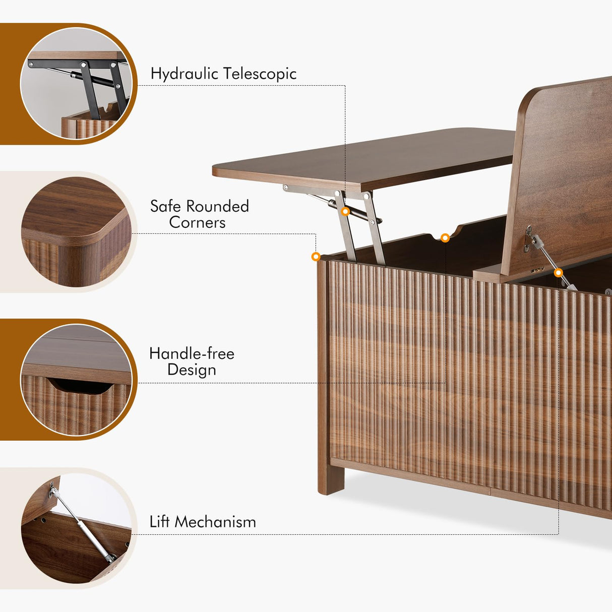 LYNCOHOME 31.5" Fluted Lift Top Coffee Table with Storage, Square Coffee Tables for Living Room, Coffee Table with Large Hidden Storage Compartment and Adjustable Shelves,Walnut LYNCOHOME