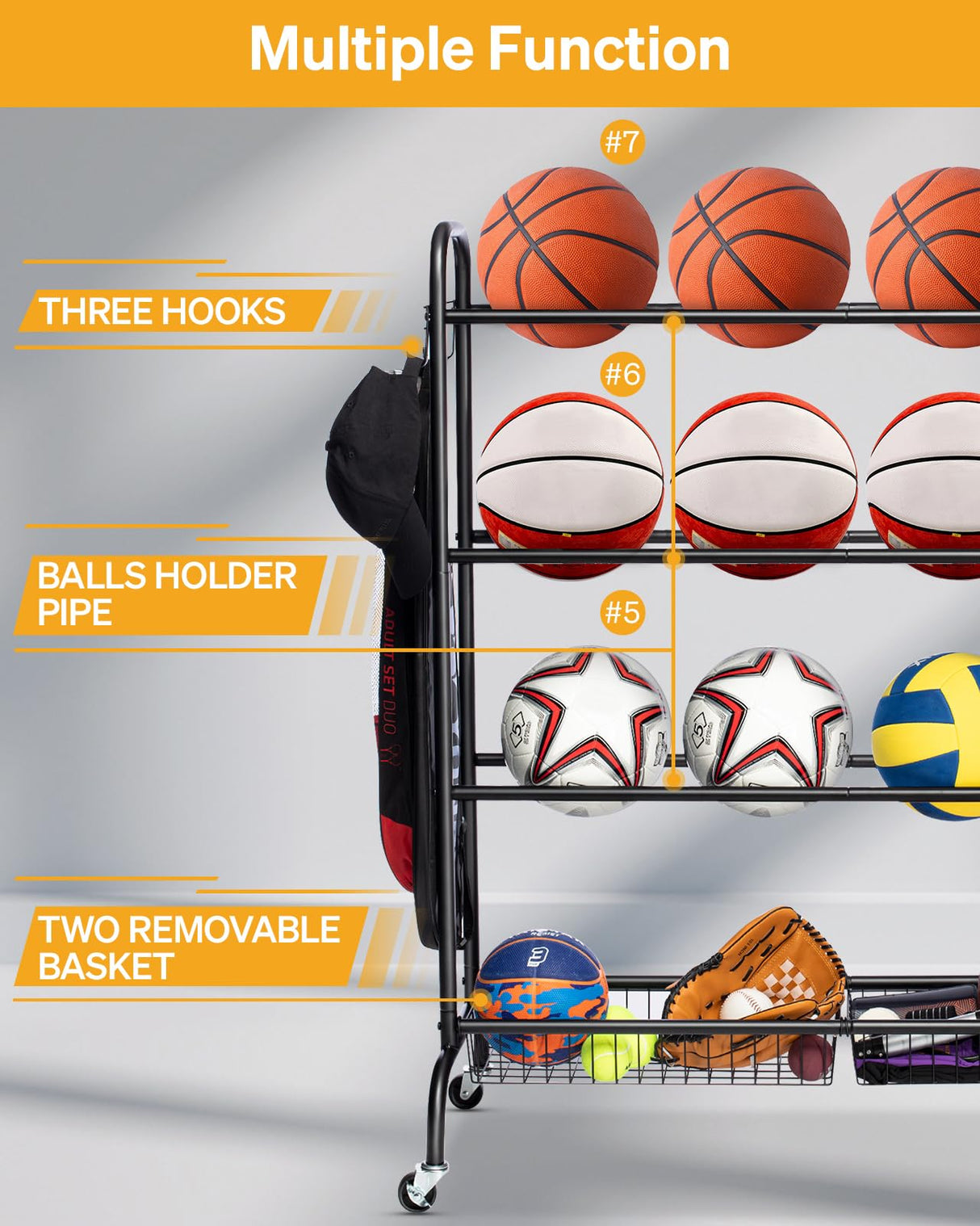 EXTCCT Basketball Rack, Outdoor Rolling Basketball Shooting Training Stand,Sports Equipment Storage with Wheels, Garage Four-Layer Ball Holder with Two Basket for Basketballs Footballs Volleyball EXTCCT