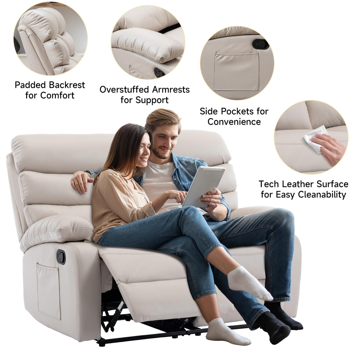 GNMLP2020 Reclining Loveseat, Leather Double Recliner Sofa with Side Pocket, Wall Hugger Loveseat Recliner for Living Room, RV, Home Theater(Beige) GNMLP2020