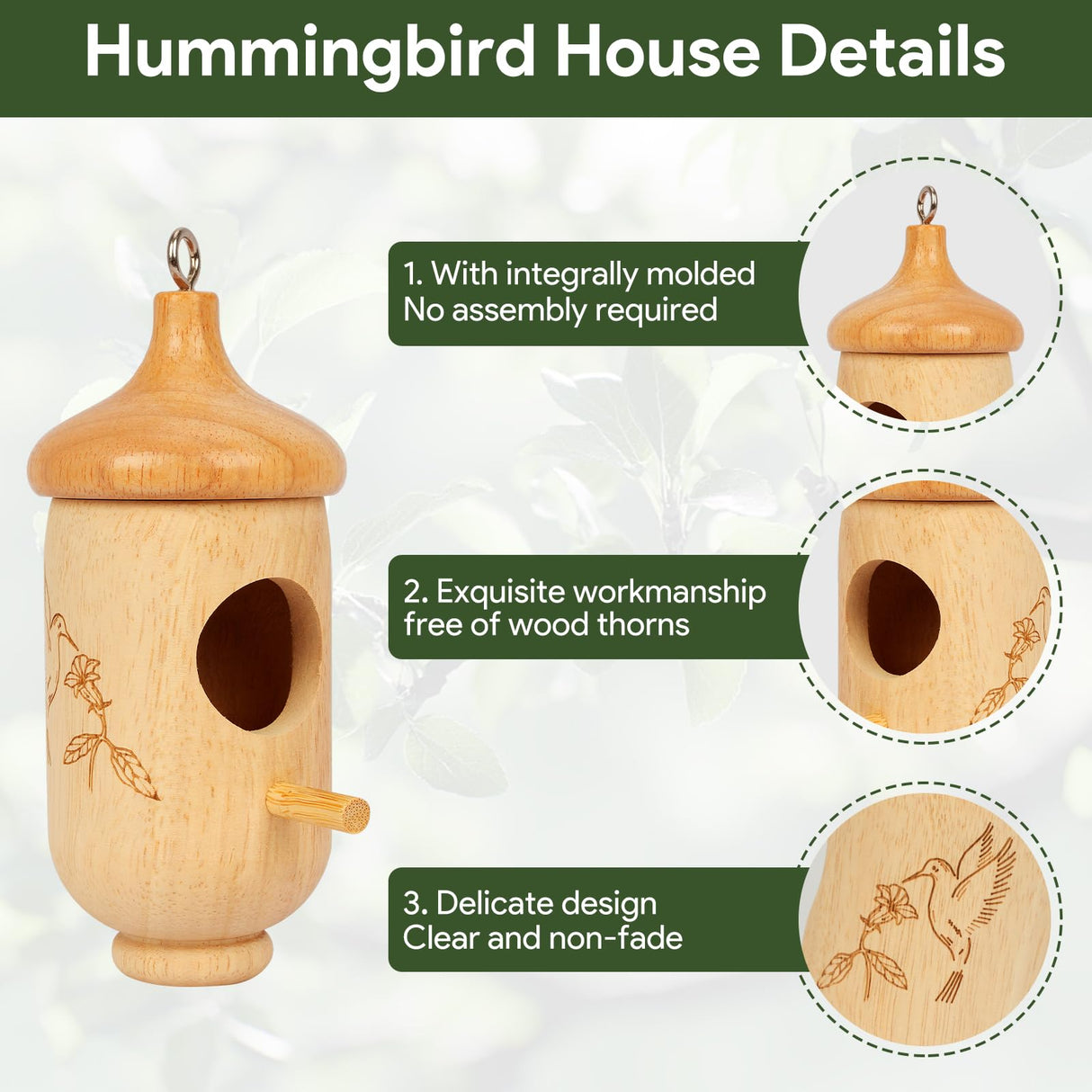 Hummingbird House, Wooden Hummingbird Houses for Outside Hanging, Nest Swinging, Wooden Bird Houses with Cotton, Bow, String, Gardening Gifts Decoration (1 Pack) Rakovar