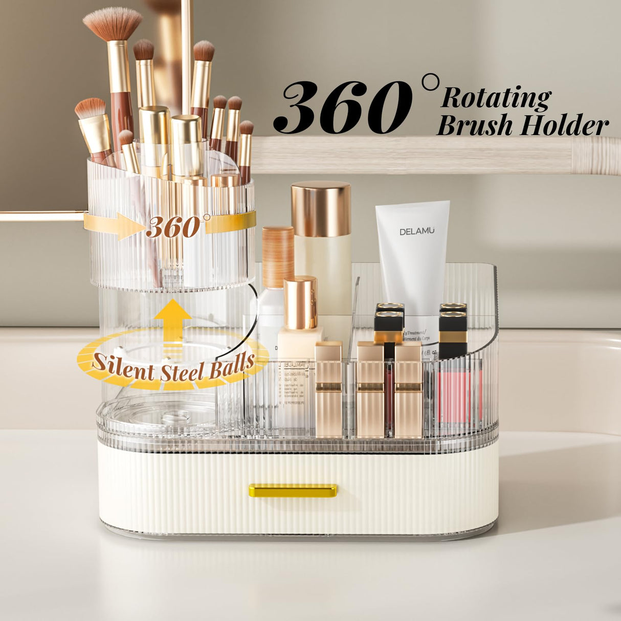 Delamu Makeup Organizer for Vanity with Stackable Drawers, 360 Rotating Makeup Brush Holder Large Cosmetic Display Case for Dresser, Bathroom Countertop Skincare Organizers and Storage, Elegant White Delamu