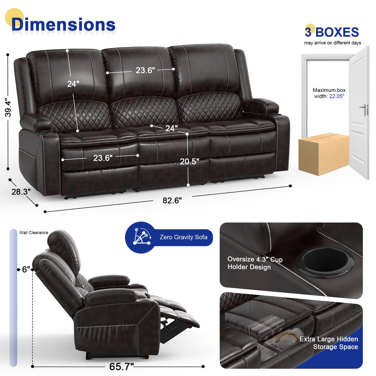 Recliner Sofa 3 Seater Sofa with Recliner, Home Theater Seating with Liftable Console & Removable Armrest, Manual PU Leather Reclining Couch with Cup Holders & USB Ports for Living Room/RV (Brown) MOSGAT
