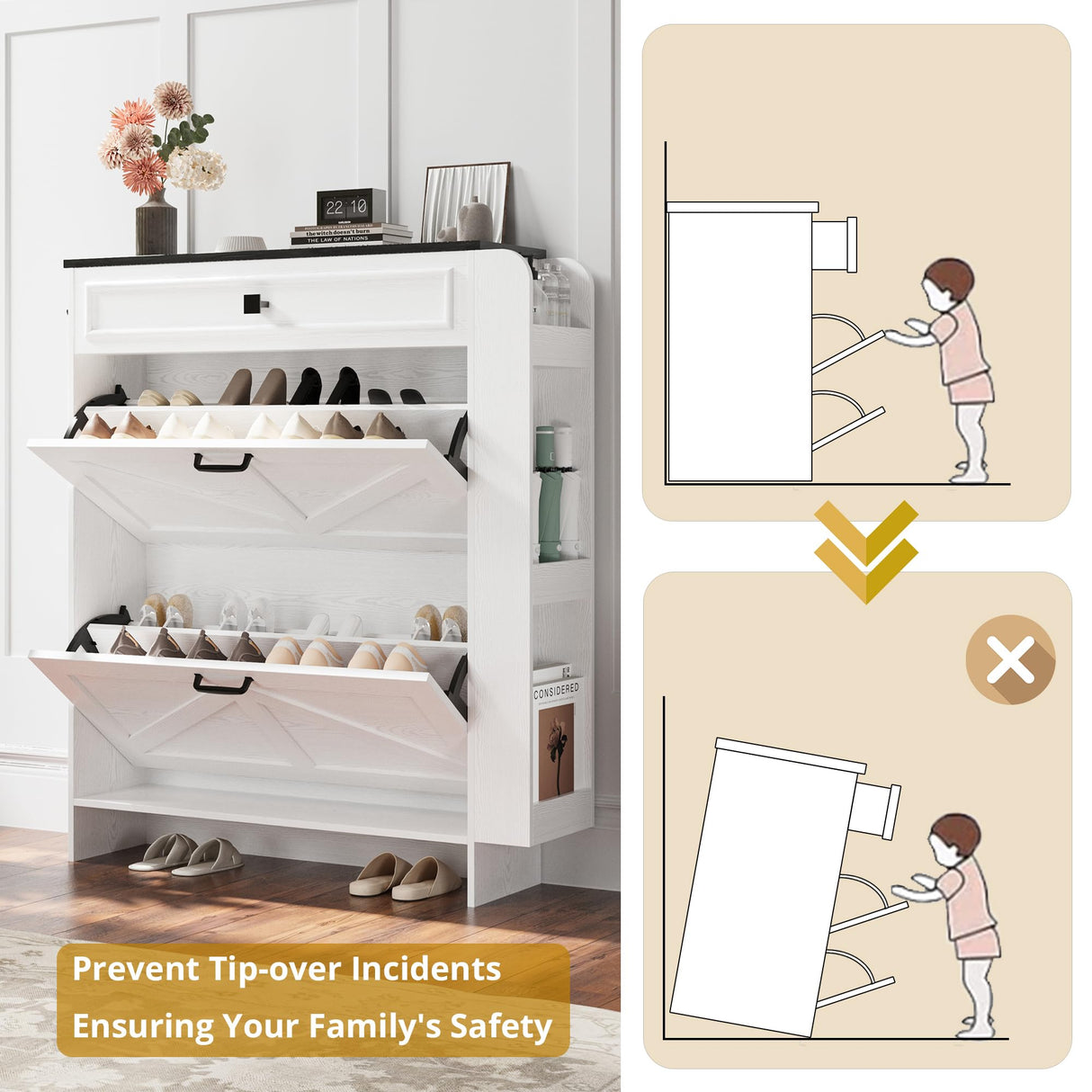 IRONCK Shoe Storage Cabinet with 2 Flip Drawers & Barn Door Design, Freestanding Shoe Cabinet Organizer with Drawer and Shelves for Entryway, Farmhouse Shoe Rack Cabinet, White/Black IRONCK