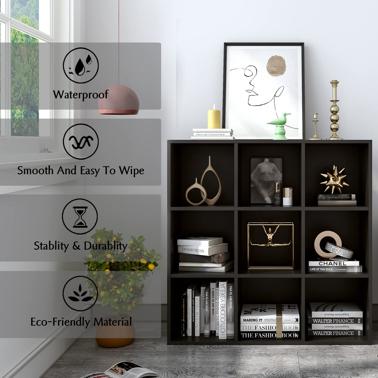 OSCHF Modern 9-Cube Wooden Storage Shelf - Stylish Black 3-Tier Bookcase for Home and Office OSCHF