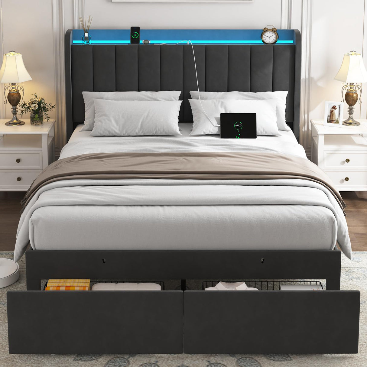 TIGUBFRE Dark Grey Full Size Upholstered Bed Frame with LED Lighting, Storage Headboard & Drawers TIGUBFRE